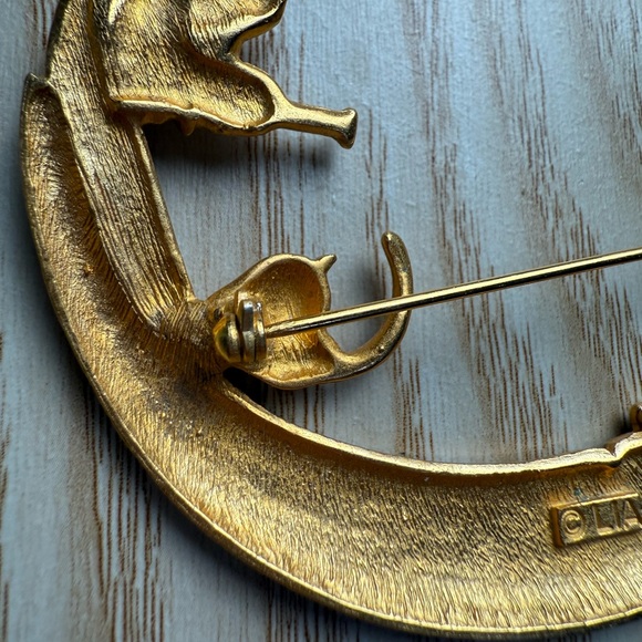 Vintage LIA Owl & Cat on Moon Brooch Gold Tone Crescent Pin 3" - Picture 4 of 5